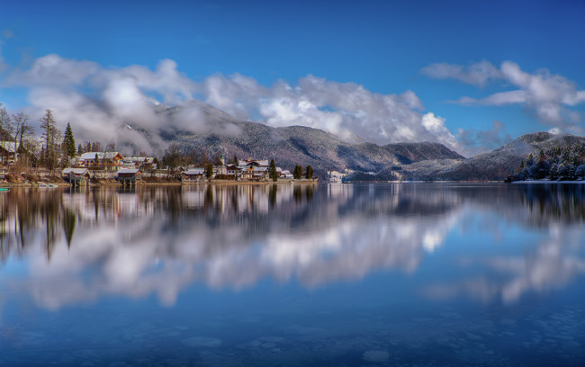 Обои картинки фото города, - пейзажи, бавария, ваальхензе, озеро, небо, германия, горы, дома