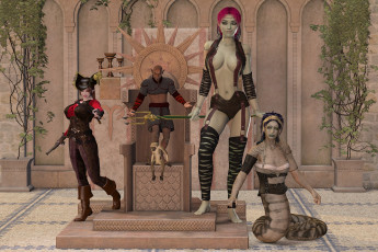 Картинка 3д+графика фантазия+ fantasy фон эльф оружие взгляд девушки обезьяна трон