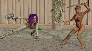 обоя 3д графика, существа , creatures, оружие, фон, взгляд, девушки