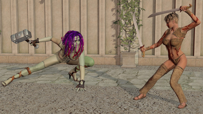 Обои картинки фото 3д графика, существа , creatures, оружие, фон, взгляд, девушки