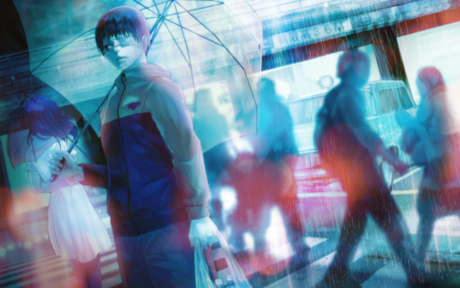 Обои картинки фото аниме, tokyo ghoul, люди, зонт, канеки, кен, город