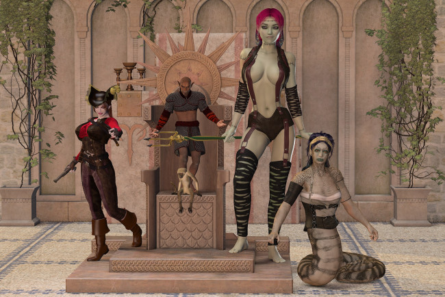 Обои картинки фото 3д графика, фантазия , fantasy, фон, эльф, оружие, взгляд, девушки, обезьяна, трон