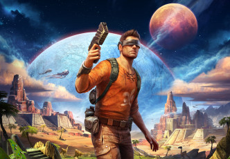 Картинка фэнтези люди храм путешественник очки планета фантастика бластер арт мужчина визор звезды пистолет