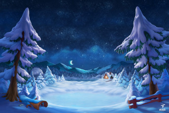 Картинка рисованное природа снег деревья