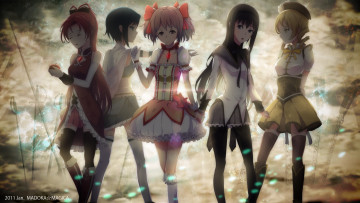обоя аниме, mahou shoujo madoka magika, фон, взгляд, девушки