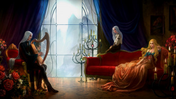 Картинка фэнтези люди девушки арфа