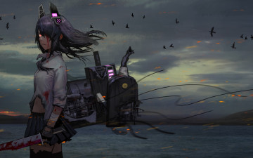 Картинка аниме оружие +техника +технологии девушка кровь птицы море tenryuu kantai collectio природа горы tomiya7112