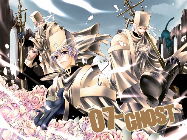 Обои картинки фото аниме, 07 ghost, монастырь, labrador, кошка, розы, frau