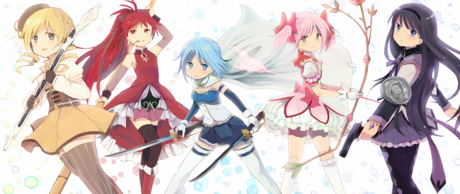 Обои картинки фото аниме, mahou shoujo madoka magika, фон, девушки, взгляд