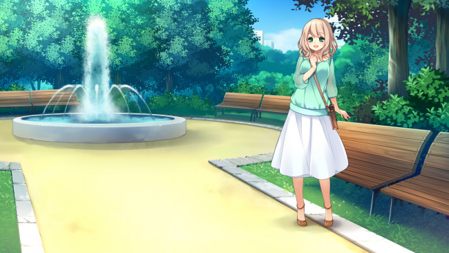 Обои картинки фото аниме, город,  улицы,  здания, парк, фон, взгляд, девушка