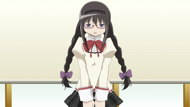 Обои картинки фото аниме, mahou shoujo madoka magika, взгляд, девушка, фон