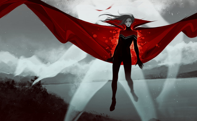 Обои картинки фото фэнтези, девушки, волосы, костюм, маг, красный, ветер, плащ, женщина