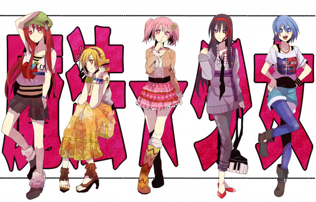 Обои картинки фото аниме, mahou shoujo madoka magika, взгляд, фон, девушки