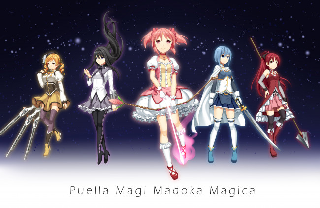 Обои картинки фото mahou shoujo madoka magika, аниме, взгляд, девушки, фон
