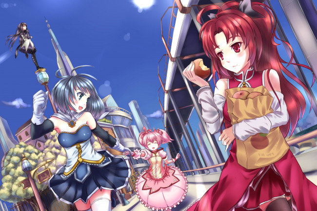 Обои картинки фото аниме, mahou shoujo madoka magika, фон, взгляд, девушки