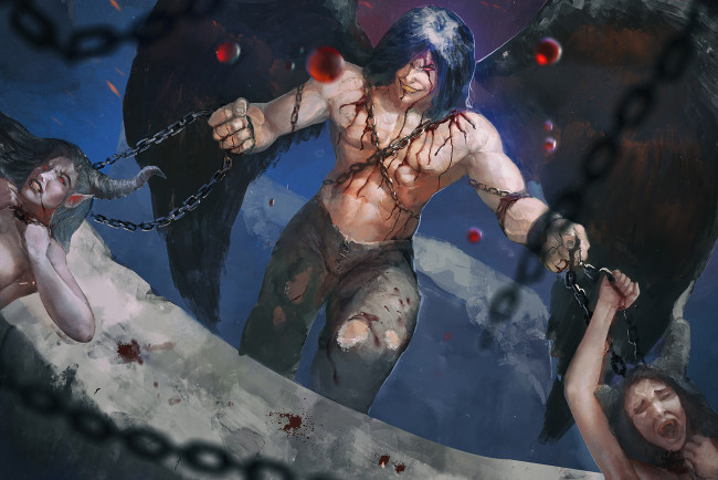 Обои картинки фото фэнтези, демоны, astaroth, demon, девушки, кровь, крылья, цепи