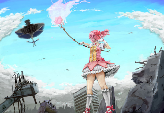Обои картинки фото аниме, mahou shoujo madoka magika, взгляд, девушка, фон