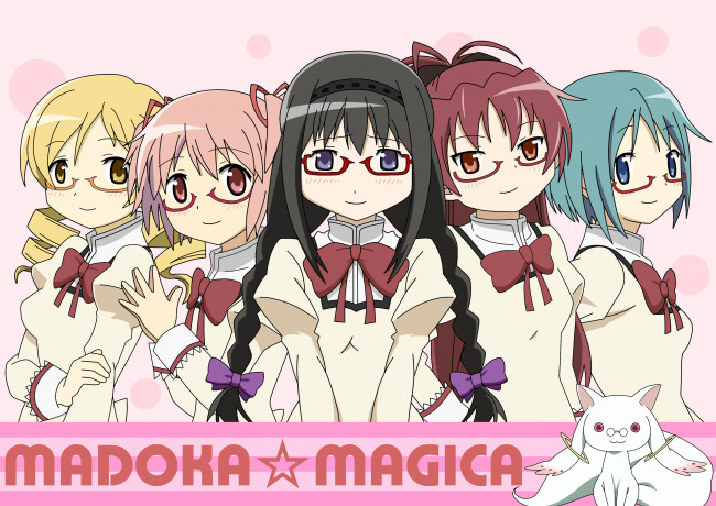 Обои картинки фото аниме, mahou shoujo madoka magika, фон, взгляд, девушки