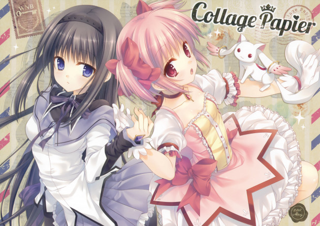 Обои картинки фото аниме, mahou shoujo madoka magika, фон, взгляд, девушки