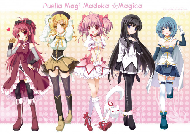 Обои картинки фото аниме, mahou shoujo madoka magika, взгляд, девушки, фон