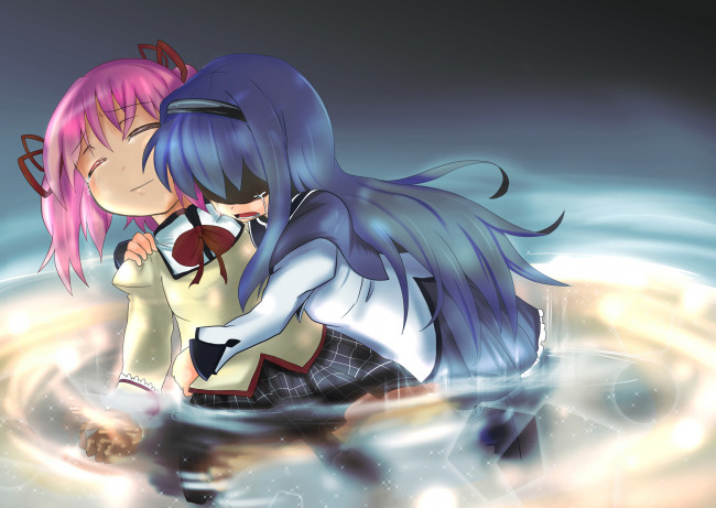 Обои картинки фото аниме, mahou shoujo madoka magika, фон, взгляд, девушка