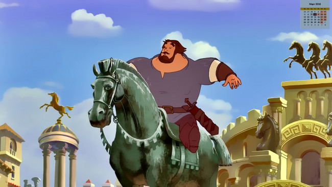 Обои картинки фото календари, кино,  мультфильмы, 2018, богатырь, конь, скульптура, мужчина