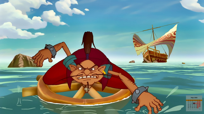 Обои картинки фото календари, кино,  мультфильмы, 2018, штурвал, мужчина, водоем, парусник