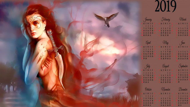 Обои картинки фото календари, фэнтези, птица, оружие, девушка