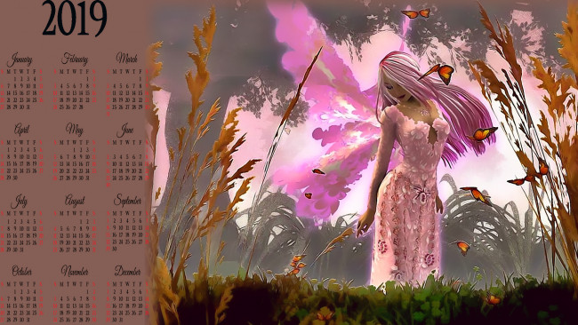 Обои картинки фото календари, фэнтези, растения, бабочка, девушка