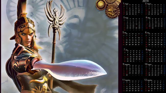 Обои картинки фото календари, видеоигры, шлем, воин, оружие