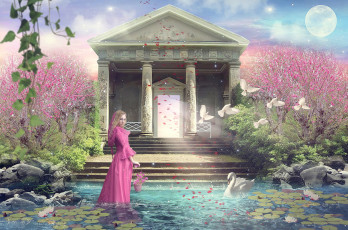 Картинка разное компьютерный+дизайн здание колонны лебеди голуби платье взгляд девушка фон