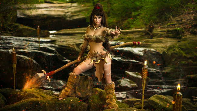 Обои картинки фото фэнтези, фотоарт, девушка, амазонка, посох, магия, волшебство