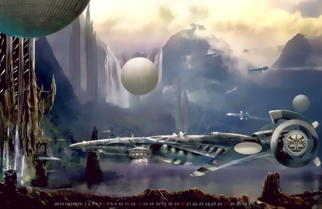 Обои картинки фото календари, фэнтези, 2019, calendar, планета, водоем, звездолет
