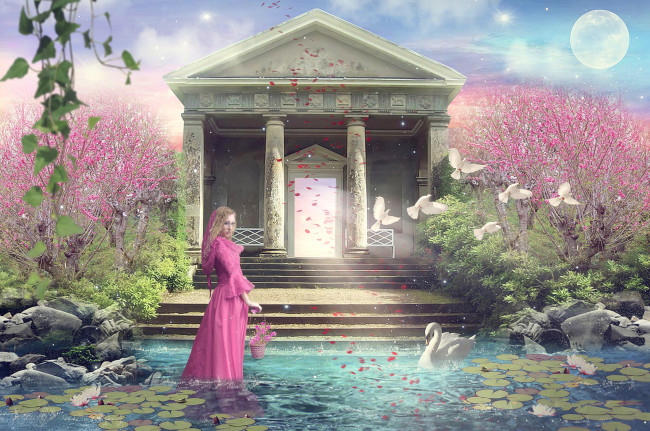 Обои картинки фото разное, компьютерный дизайн, здание, колонны, лебеди, голуби, платье, взгляд, девушка, фон
