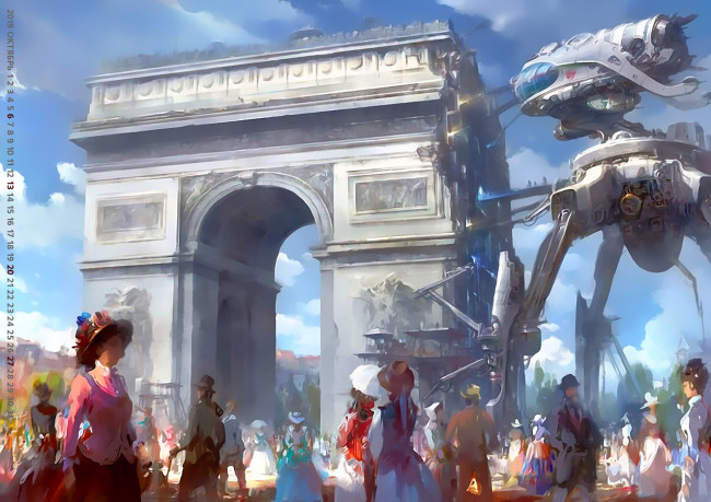 Обои картинки фото календари, фэнтези, 2019, calendar, люди, арка, робот, архитектура, женщина, человек