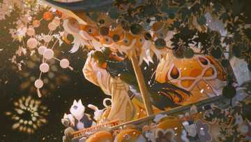 Картинка аниме животные +существа девочка кошки салют