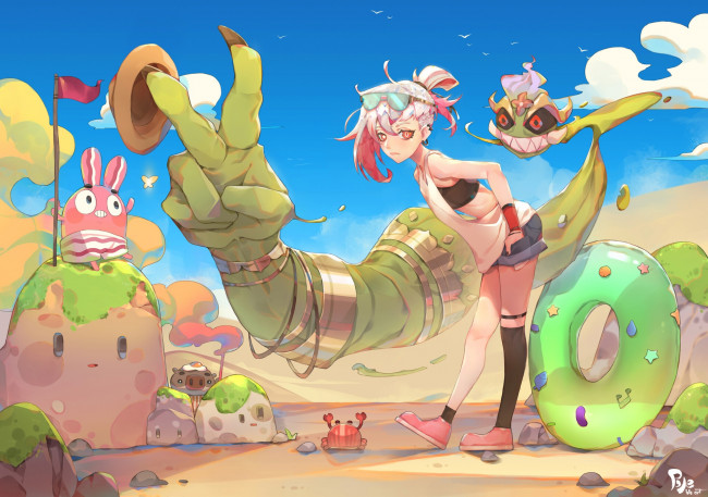 Обои картинки фото аниме, животные,  существа, девочка, рука, существа