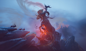 обоя фэнтези, пейзажи, олени, скалы, скелет, дух, магия