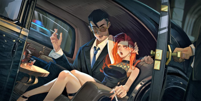 Обои картинки фото рисованное, люди, мужчина, женщина, машина, лимузи