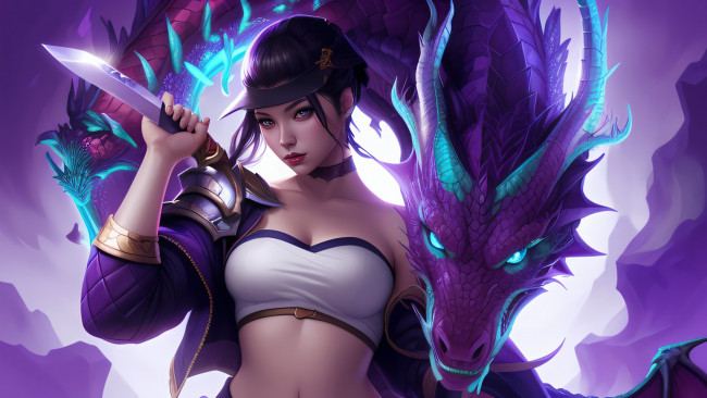 Обои картинки фото league of legends, видео игры, нейросети, графика, нейроарт, ai, art, нейронные, сети, рисунки, нейро, искусство, нейрографика, graphics, neuroart, neural, networks, drawings, neuro, neurography, девушка, с, ножом, дракон, сказочный, мир, akali