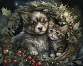 обоя праздничные, - разное , новый год, кот, кошка, собака