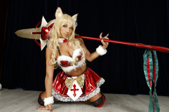 обоя девушки, nonsummerjack, образ, костюм, наряд, косплей, ушки, хвост, каблуки, посох