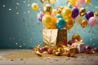 обоя праздничные, день рождения, шарики, конфетти, подарки
