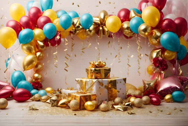 Обои картинки фото праздничные, день рождения, шарики, конфетти, подарки