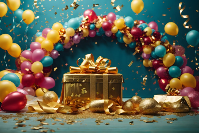 Обои картинки фото праздничные, день рождения, шарики, конфетти, подарки