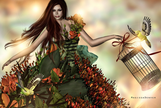 Обои картинки фото 3д, графика, people, люди, девушка, клетка, попугаи, платье