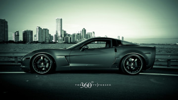 Картинка автомобили corvette набережная небоскребы город z6 chevrolet вода ограждение