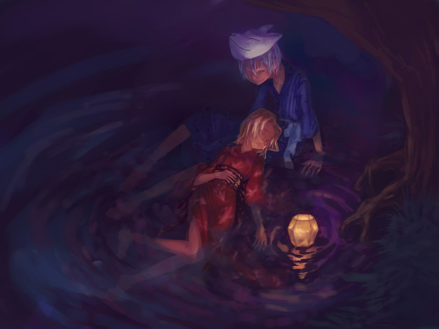 Обои картинки фото аниме, bleach, вода, ичимару, гин, маска, ночь, фонарик, рангику, мальчик, арт, блич, девочка