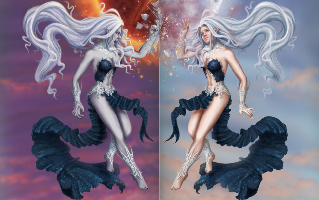 Обои картинки фото фэнтези, эльфы, стекло, девушки, солнце, две, злость, волосы