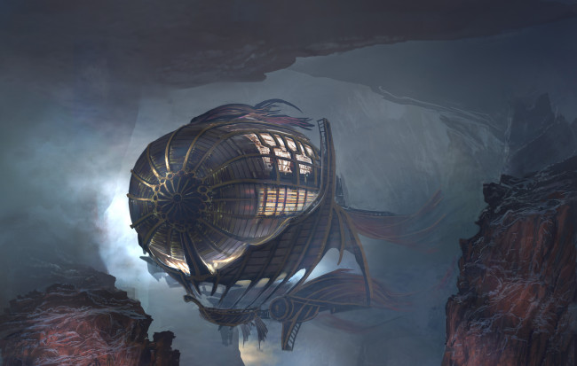 Обои картинки фото фэнтези, -временный , не выбирать, скалы, каньон, дирижабль, иной, мир